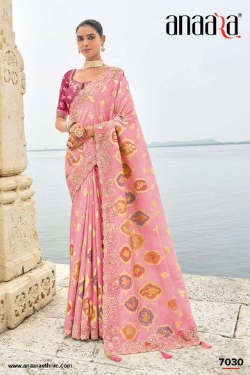 Pink Gadwal Silk Saree with Magenta Silk Blouse and Exquisite Handwork, Embroidery - 7030
